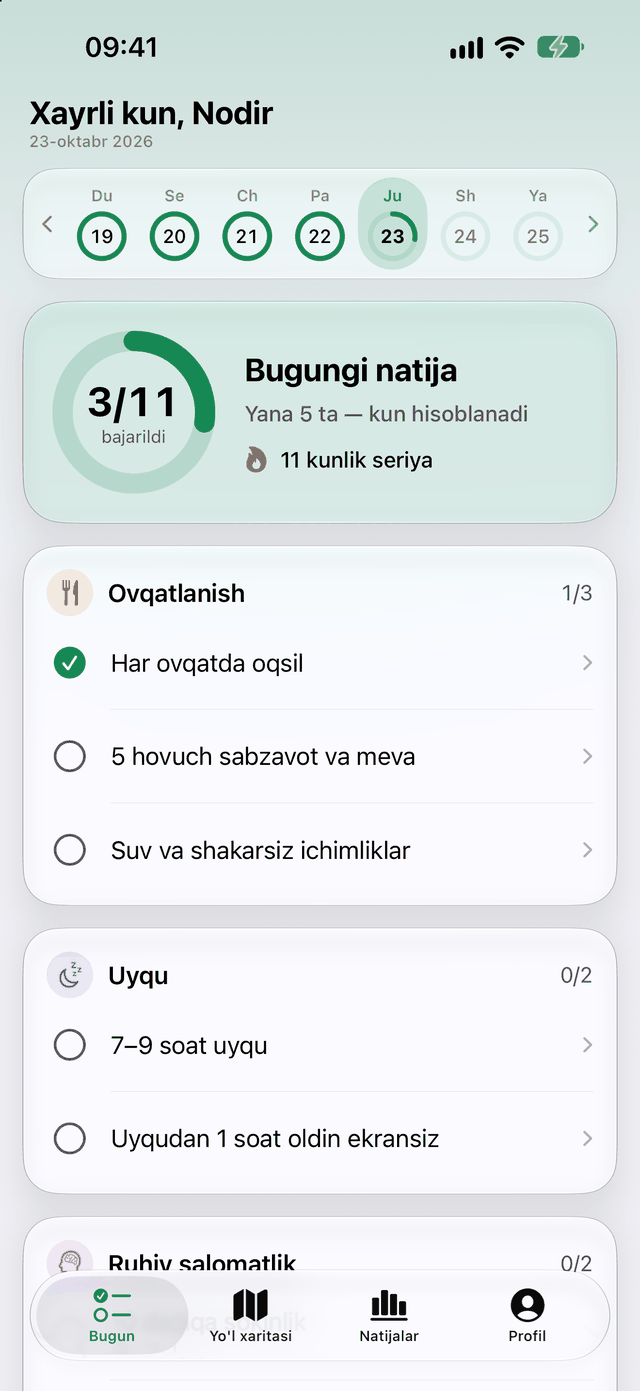 100 Yosh ilovasining «Bugun» ekrani: kunlik natija 3/11 va vazifalar ro'yxati