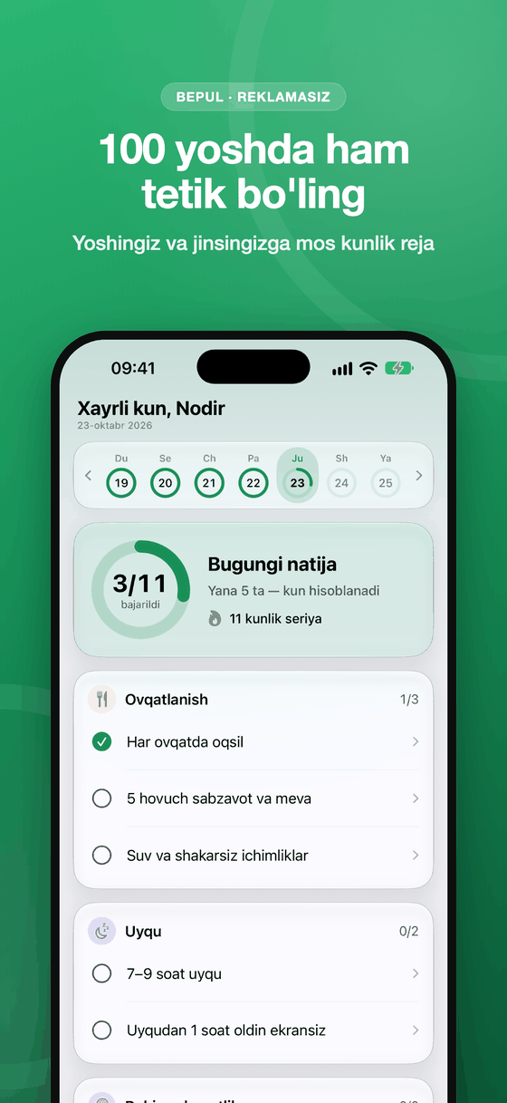 Bugun ekrani: kunlik natija va vazifalar