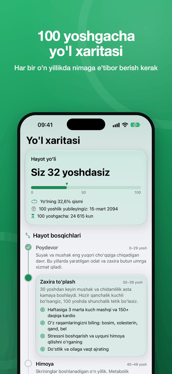 Yo'l xaritasi: 100 yoshgacha hayot bosqichlari